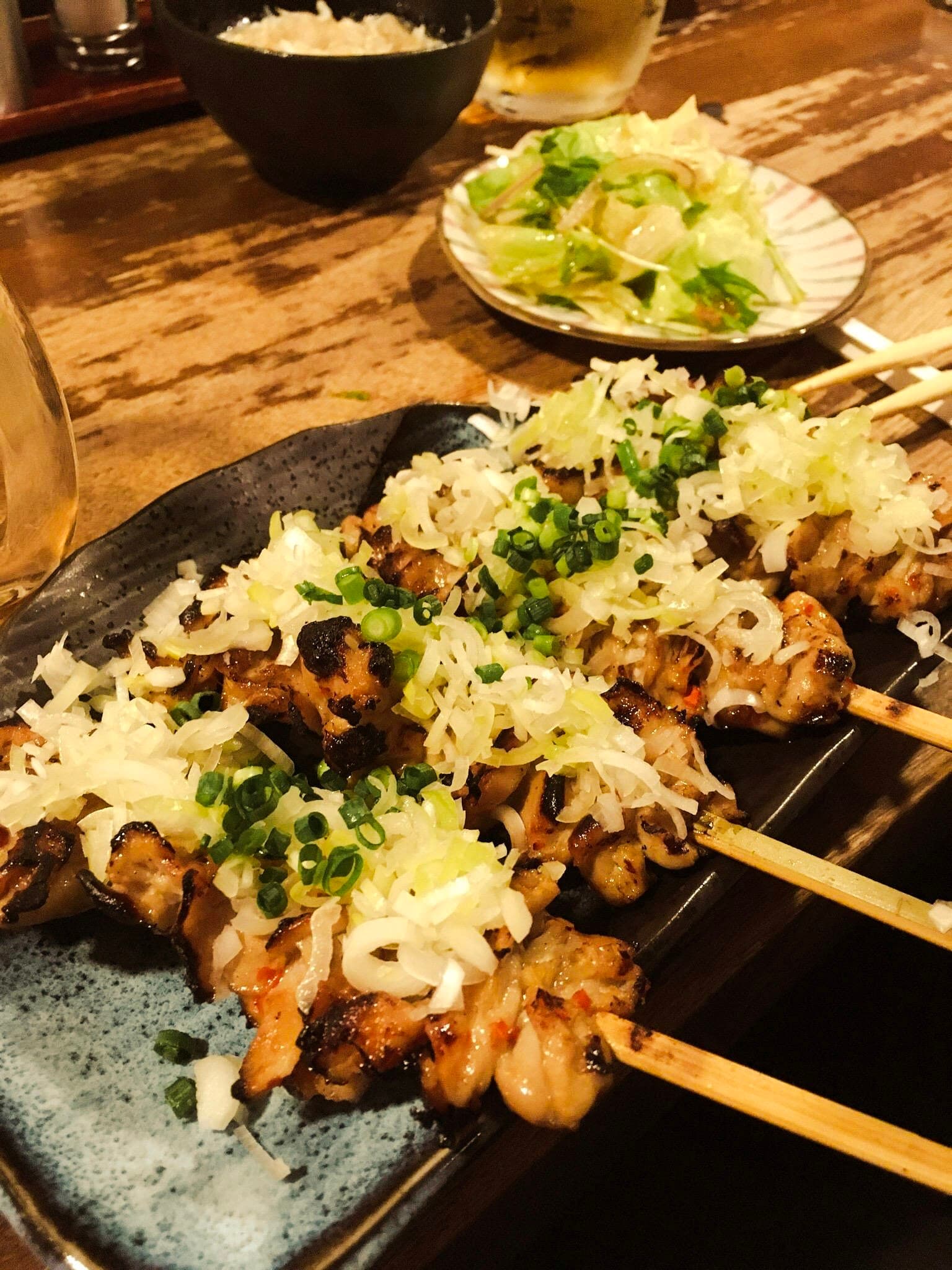 Four Skewers wiith Heaping Oninons from Izakaya in Nakameguro